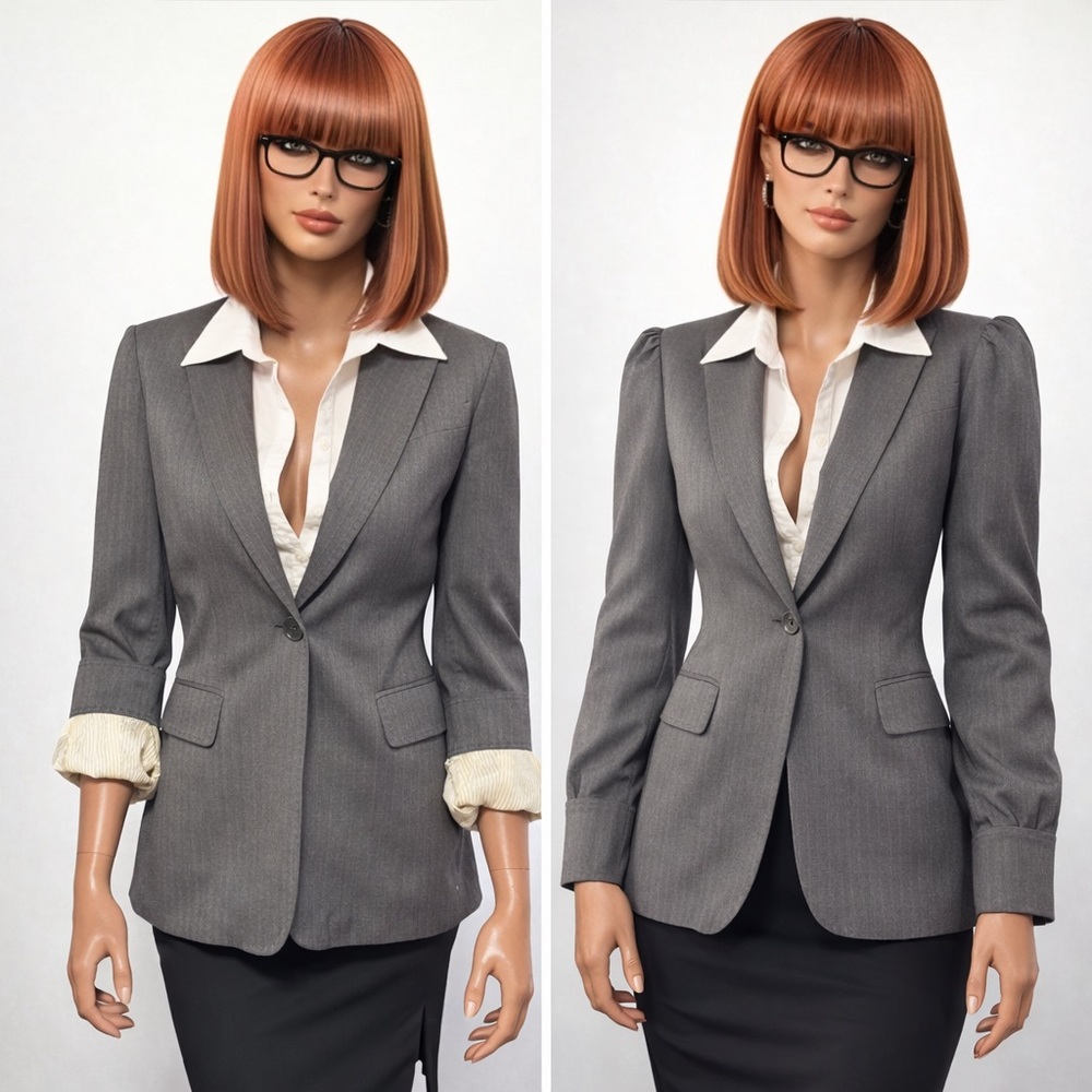 Authentic BCBGMaxAzria Jacket Blazer Gray Pinstripe XS Puffed Sleeves Lined BCBG
